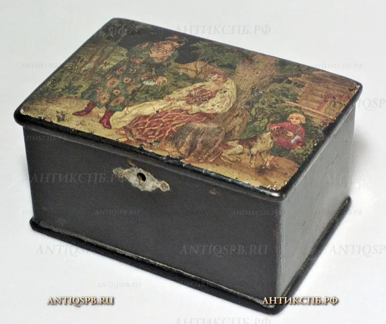 Чайница-шкатулка папье-маше старинная "Сказочные персонажи". Россия. Нач. ХХ века.№20816